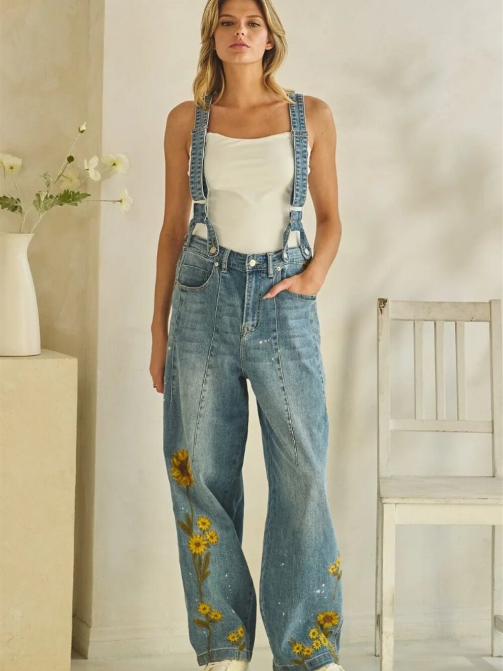 SUNFLOWER EMBROIDERY DENIM OVERALLS